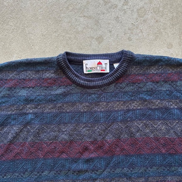 Vintage 90s Florence Tricot Striped Sweater Size XL Navy Blue Pullover Knit - Picture 2 of 5